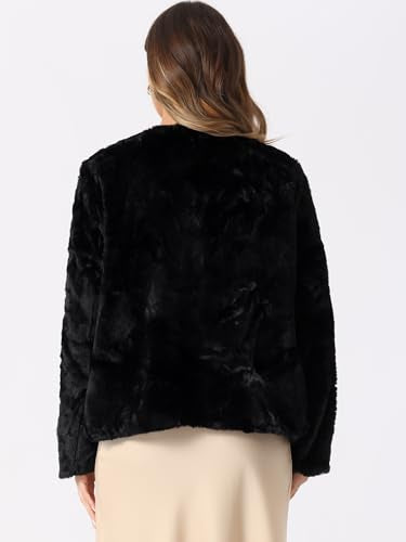 Allegra K Winter Faux Fur Coat Jacket for Women Long Sleeve Pockets Pearl Button Fluffy Cropped Cardigan Outerwear - color: Black, size: Large