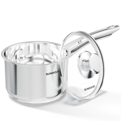 Sunhouse: Stainless Steel Saucepan - Classic: 1.5 Quart - Tempered Glass Lid, 3-Ply Bottom, Round-Edge Cookware Pot, All Cooktop-Oven-Dishwasher Safe