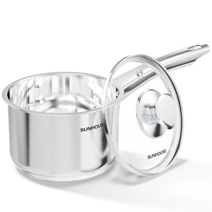 Sunhouse: Stainless Steel Saucepan - Classic: 1.5 Quart - Tempered Glass Lid, 3-Ply Bottom, Round-Edge Cookware Pot, All Cooktop-Oven-Dishwasher Safe