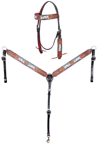 CHALLENGER Horse Western Leather Tooled Headstall Bridle Breast Collar Tack Set 78HRBrowbandSet - color: Aces Beaded