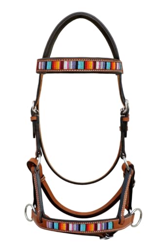 Horse Western Tan Leather Padded Bitless Training Sidepull Bridle Reins - color: Tan Beaded Serape