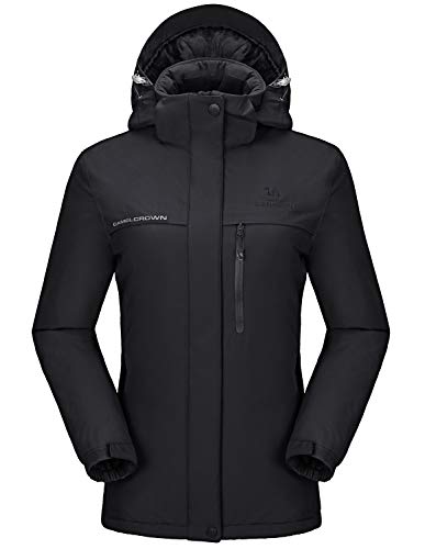 CAMEL CROWN Women’s Mountain Snow Waterproof Ski Jacket Detachable Hood Windproof Fleece Parka Rain Jackt Winter Coat - color: New Black-1, size: Large