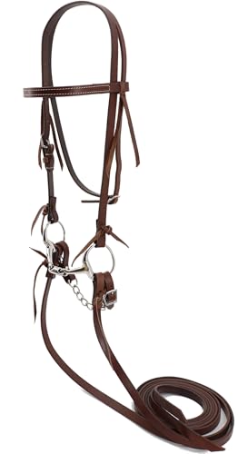 Jeereal Working Tack Browband Bridle with Single Cheek Buckle Includes Stainless Steel 5" Eggbutt Snaffle Bit,5/8" x 7' Split Reins and Leather Single Flat Link Chain Curb Strap