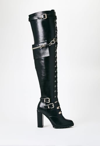 Yishaweiqi Buckle Strap Wide Calf Thigh High Boots for Women Chunky Block High Heel Over The Knee Boots Lace up Riding Combat Boots Ladies Side Zipper Tall Long Boots - color: Black, size: 11
