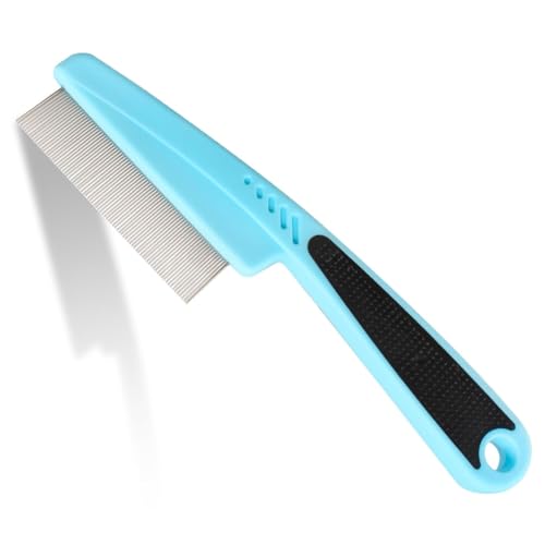 Flea Comb for Dogs and Cats - Lice Comb with Rubber Handle - Promotes Hair Growth and Removes Loose Hair, Knots, and Flakes Flea Brush for Pets (Blue) - color: Blue