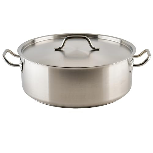 Winco 20 qt Stainless Steel Brazier Pan with Lid | Flat bottom, Wide base, Riveted handles, Induction safe, Great for Braising, Simmering, Batch Cooking and Restaurant Kitchens - size: 20 Quarts