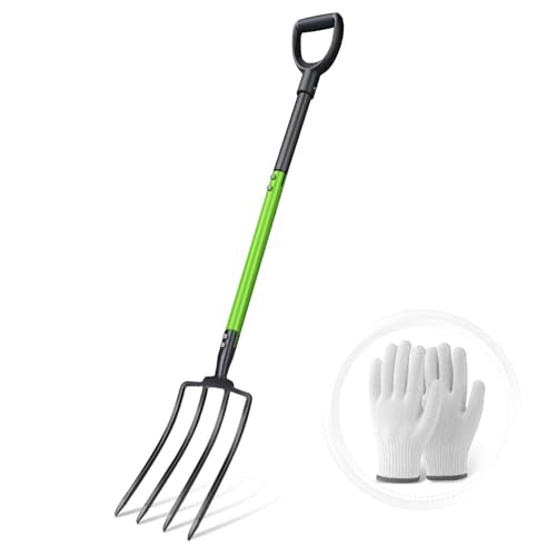 Pitch Fork,4-Tine,45-Inches Garden Fork with Steel D-Handle for Gardening | Pitchfork with Ergonomic Fiberglass Handle and Metal Tine,45 Inch Spading Fork for Mulching,Composting and Loosening Soil