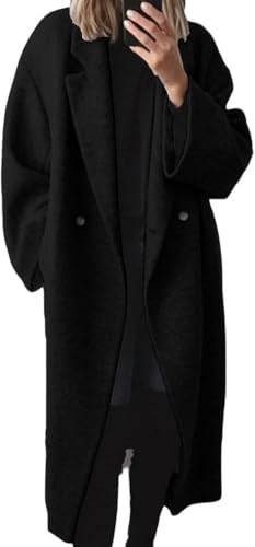 SAUKOLE Womens Winter Pea Coat Notch Lapel Double Breasted Wool Blend Oversized Overcoat with Pockets - color: 12#black, size: Small