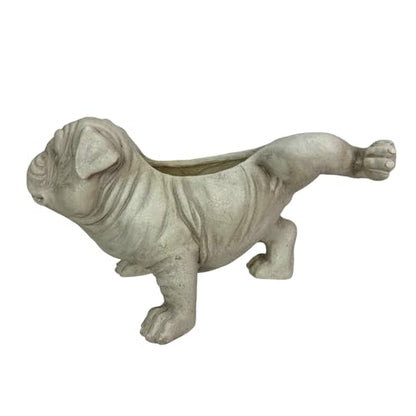 Zeckos Bulldog Animal Planter, 18 Inch Wide White Antique Stone Finish | Magnesium Oxide, Freestanding Display, Drain Hole, 7.5 X 4.25 Inch Opening, 10 Inch Deep - color: Bulldog - White