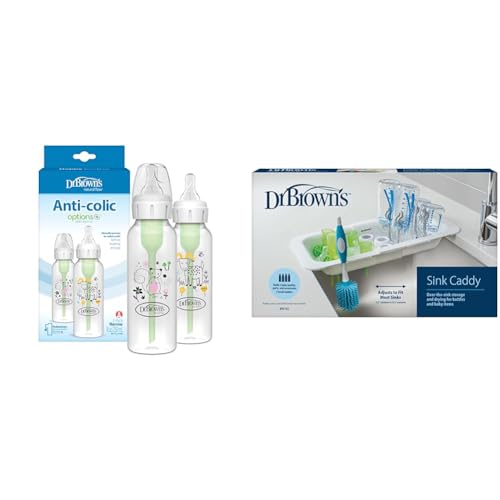 Dr. Brown's Anti-Colic Options+ Narrow Baby Bottle, Goat/Squirrel, 8 oz, 2-Pack + Dr. Brown's Sink Caddy for Baby Bottles and Parts, Over The Sink Kitchen Storage, Drying Rack, and Organizer