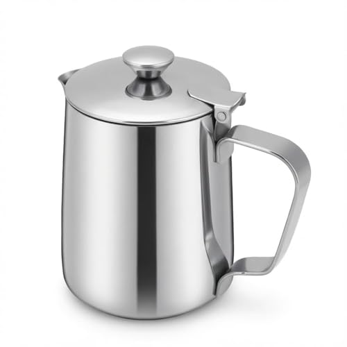 Milk Frothing Pitcher, 350ml (12oz), Stainless Steel Creamer with Lid | Fits for Milk, Coffee, Cappuccino and Latte Art - size: 12 Ounces