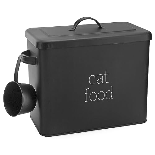 AuldHome Design Farmhouse Cat Food Container (Black) Enamel Look Rustic Cat Food Bin with Scoop
