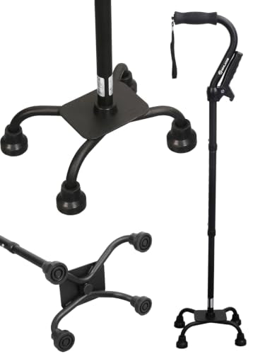 WHLICKS Quad Cane for Stability, Adjustable Walking Cane for Women & Men with A Large 4 Pronged Base for Balance, 350lbs Heavy Duty Cane with 4 Legs & Second Handle, Walking Sticks for Seniors - color: Dark black
