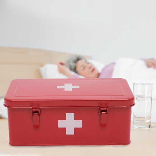 First Aid Box Empty, Metal Medicine Box with Safety Lock, Medical Storage Organizer, First Aid Kit Supplies Organizer for Emergency Set (Red)