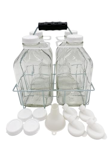 The Dairy Shoppe Heavy Glass Milk Bottles - Extra Lids, Silicone Pour Spouts, Silicone Funnel - Clear Milk Containers - Reusable - Wire Carrier - Made in USA (2 Quart / 4 Cell Carrier Combo)