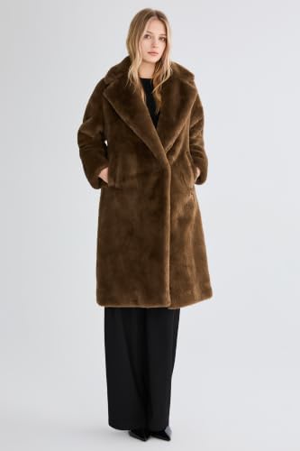Orolay Women's Fuzzy Fleece Winter Jacket Faux Fur Lapel Coat Mid-Length Sherpa Teddy Coat - color: Coffee, size: X-Small