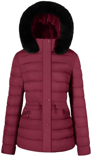 BodiLove Women's Fur Hooded Thickened Jacket with Fleece Lining - color: Burgundy-w/ Velvet Fur Trim, size: Small