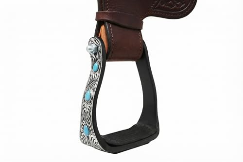 CHALLENGER Horse 5" Black Aluminum Engraved Barrel Racing Saddle Stirrups with Turquoise Stones 51230