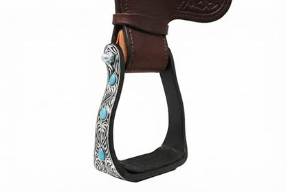 CHALLENGER Horse 5" Black Aluminum Engraved Barrel Racing Saddle Stirrups with Turquoise Stones 51230