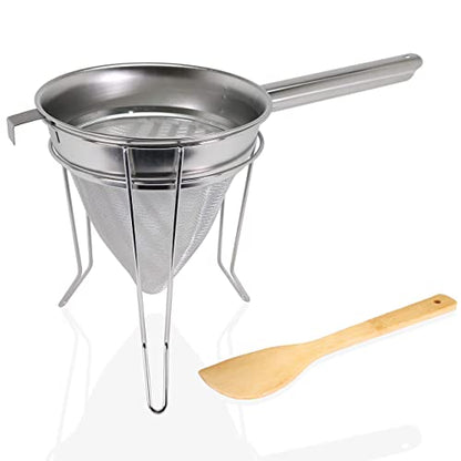 Anchy Premium 8" Chinois Fine Mesh Strainer Set with Stand & Bamboo Spatula – 18/8 Stainless Steel China Cap Cone Sieve, Professional Bouillon Strainer for Sauces, Soups, Broth, Stock, Jelly & Purees