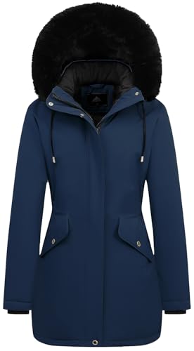 MOERDENG Women's Long Winter Down Coat Thicken Fleece Lined Puffer Jacket | Faux Fur Detachable Hood Parka Warm,Waterproof and Windproof Overcoat - color: Navy, size: Medium