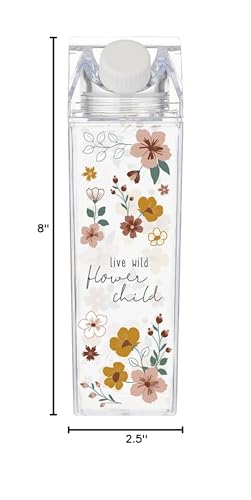 Faithworks Milk Carton Shaped Container - Clear Acrylic Leakproof for Water Juice Coffee Creamer, 17-Ounce, Flower Child