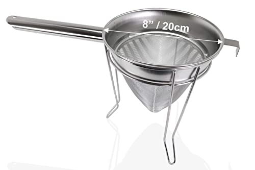Anchy Premium 8" Chinois Fine Mesh Strainer Set with Stand & Bamboo Spatula – 18/8 Stainless Steel China Cap Cone Sieve, Professional Bouillon Strainer for Sauces, Soups, Broth, Stock, Jelly & Purees