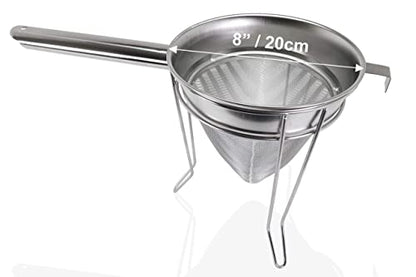 Anchy Premium 8" Chinois Fine Mesh Strainer Set with Stand & Bamboo Spatula – 18/8 Stainless Steel China Cap Cone Sieve, Professional Bouillon Strainer for Sauces, Soups, Broth, Stock, Jelly & Purees