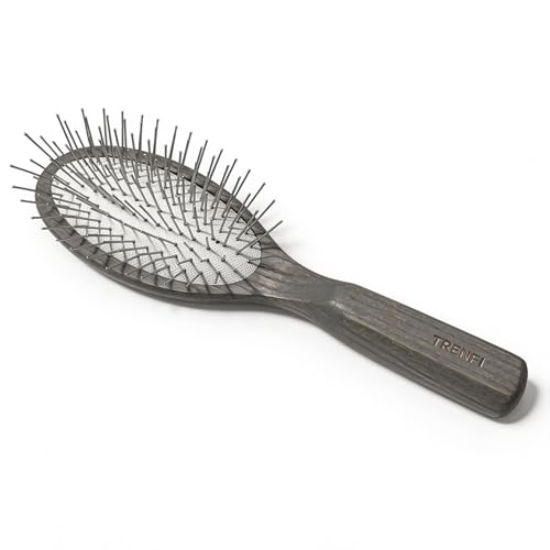 TRENFI Metal Pin Hair Brush Carbonized Willow Wood | Ground Tip Ends, Thick Wavy Curly Sections, Scalp Massage Feel, Air Cushion, Daily Detangling, Pressure Control, Low Static