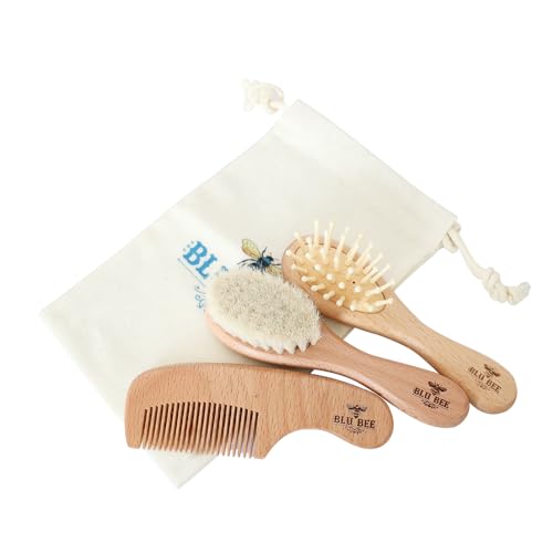 Wooden Baby Hairbrush & Comb Set | Soft Goat Hair, for New Born & Toddlers