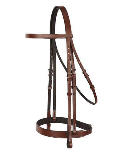Exion Flat Hunter Bridle with Laced Reins – Classic English Leather Horse Bridle Set – Traditional Flat Browband & Broad Cavesson Noseband Tack, Brown Havana Choco, Cob Full Warmblood Sizing - color: Oak Brown, size: Pony/Small Size