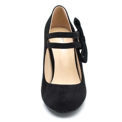 fereshte Women's Mary Jane Pumps with Bow, Double Strap, 3.54 Inch Chunky Block Heel Dress Shoes - color: Black Suede, size: 8