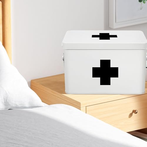 Flexzion Large Metal First Aid Box Empty, 13-Inch, White with Black Cross - color: White - Black Cross, size: 13 Inch without Latch Lock