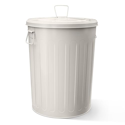 Plexon 20 Gallon Metal Trash Can with Lid Outdoor Large Trash Bin Steel Garbage Can for Garage Patio Farmhouse Bucket Bird Seed Storage Can Heavy Duty Round Container, Off-White - color: Off-White