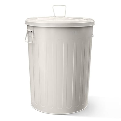 Plexon 20 Gallon Metal Trash Can with Lid Outdoor Large Trash Bin Steel Garbage Can for Garage Patio Farmhouse Bucket Bird Seed Storage Can Heavy Duty Round Container, Off-White - color: Off-White