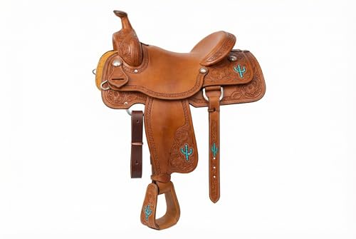 Horse Western Turquoise Cactus Tooled Leather Covered Saddle Stirrups 51238 - color: Tan Cactus