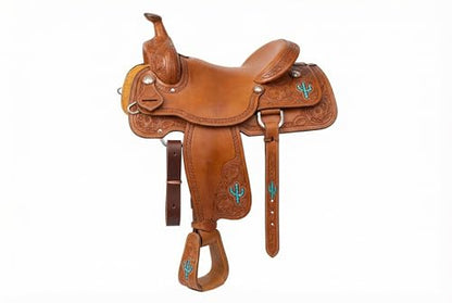 Horse Western Turquoise Cactus Tooled Leather Covered Saddle Stirrups 51238 - color: Tan Cactus