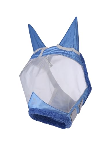 Harrison Howard CareMaster Horse Fly Mask UV Protective Fine Mesh with Extra Wool Soft Touch on Skin Cerulean Blue-Silver M - color: Cerulean Blue-Silver, size: Cob (Medium)