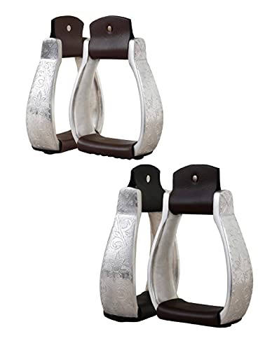 Black/Brown Engraved Western Horse Silver Saddle Stirrups 4.75" Wide Original Leather (Black Leather)