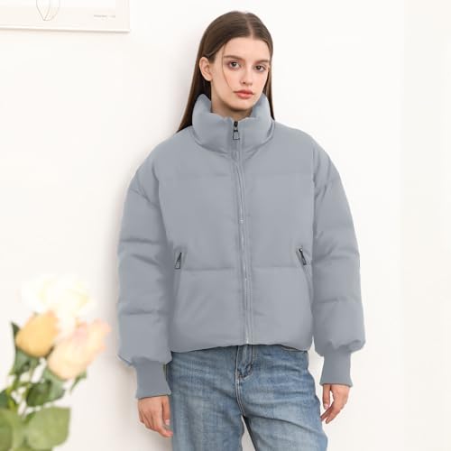 SXGYH Women’s Winter Cropped Puffer Jacket Coat Casual Quilted Baggy Long Sleeve Zip Down Jackets Outerwear - color: Light Grey, size: Medium