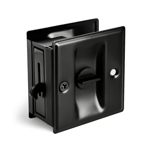 HOMOTEK Privacy Sliding Door Lock with Pull - Replace Old Or Damaged Pocket Locks Hardware Quickly and Easily, 2-3/4”x2-1/2”, for 1-3/8” Thickness Door, Black - color: Black, size: 1 Pack