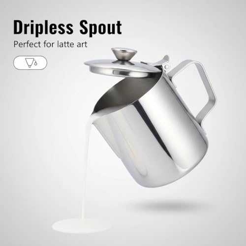 Milk Frothing Pitcher, 350ml (12oz), Stainless Steel Creamer with Lid | Fits for Milk, Coffee, Cappuccino and Latte Art - size: 12 Ounces