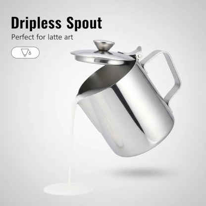 Milk Frothing Pitcher, 350ml (12oz), Stainless Steel Creamer with Lid | Fits for Milk, Coffee, Cappuccino and Latte Art - size: 12 Ounces