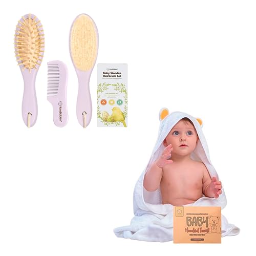 KeaBabies Baby Hair Brush and Baby Comb Set and KeaBabies Baby Hooded Towel - Wooden Baby Brush with Soft Goat Bristle, Bamboo Viscose Baby Towel