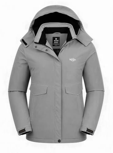 wantdo Women's Waterproof Ski Jacket Warm Fleece Lined Snow Winter Coat | 10000mm Waterproof Snowboard Jacket for Skiing, Hiking, Commute, Removable Hood, 6 Pocket, Windproof Warm -10°F to 50°F - color: Gray, size: Medium