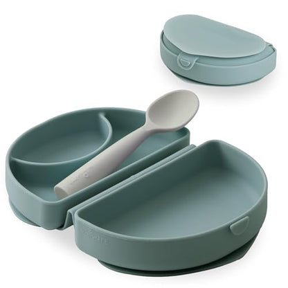 Miniware Fold & Scoop Baby Feeding Set - Silicone Travel Baby Plate With Suction & Baby Spoon - Compact, Portable, Dishwasher-Safe, Suction Base for Mess-Free Eating (Eucalyptus and Oat) - color: Eucalyptus & Oat