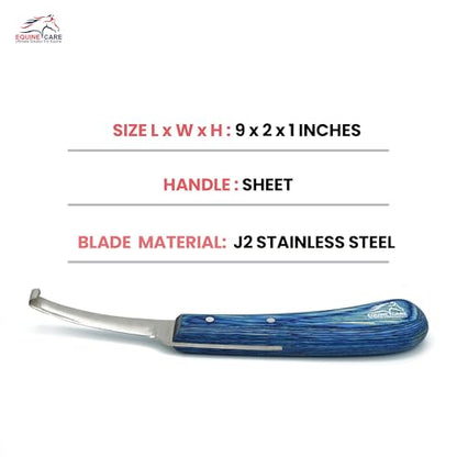 Equine Care Right-Handed Narrow Farrier Hoof Knife, Horses, Ponies, Minis | Narrow hoof knife for detail trimming; J2 stainless steel blade; smooth blue layered handle; right- or left-handed - style: Right-Handed