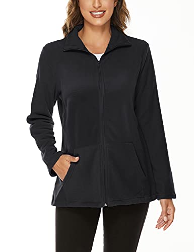 Hibelle Women's Outdoor Full-Zip Thermal Fleece Jacket with Pockets - color: 201-black, size: Medium