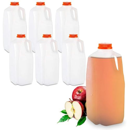 MT Products 64 Oz HDPE Plastic Juice Bottles with Orange Tamper Evident Caps Set of 6 Bottles and 6 Caps - Made in The USA