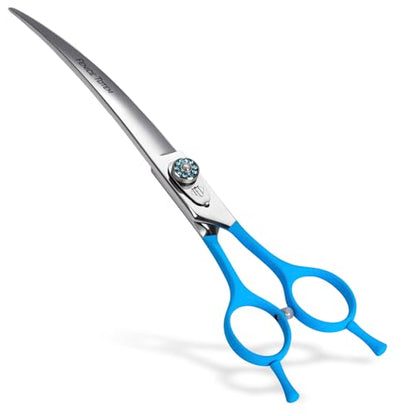 Professional Pet Grooming Curved Scissors, JP440C Alloy Steel, Blue Ergonomic Handle, Sharp and Durable for Dog Grooming (7.0") - size: 7.0"